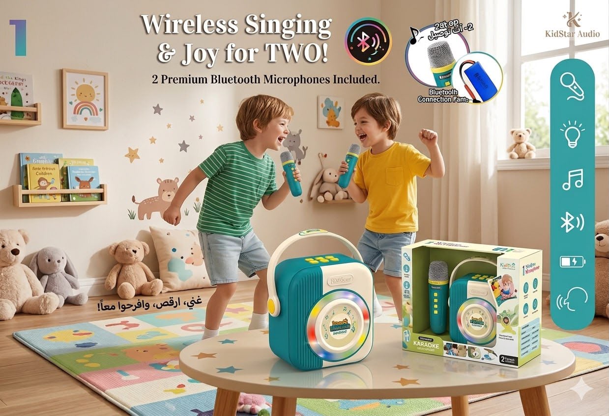 جهاز كاريوكي للأطفال مع ميكروفون لاسلكي بلوتوث وإضاءة LED | Kids Bluetooth Karaoke Machine with Wireless Microphone