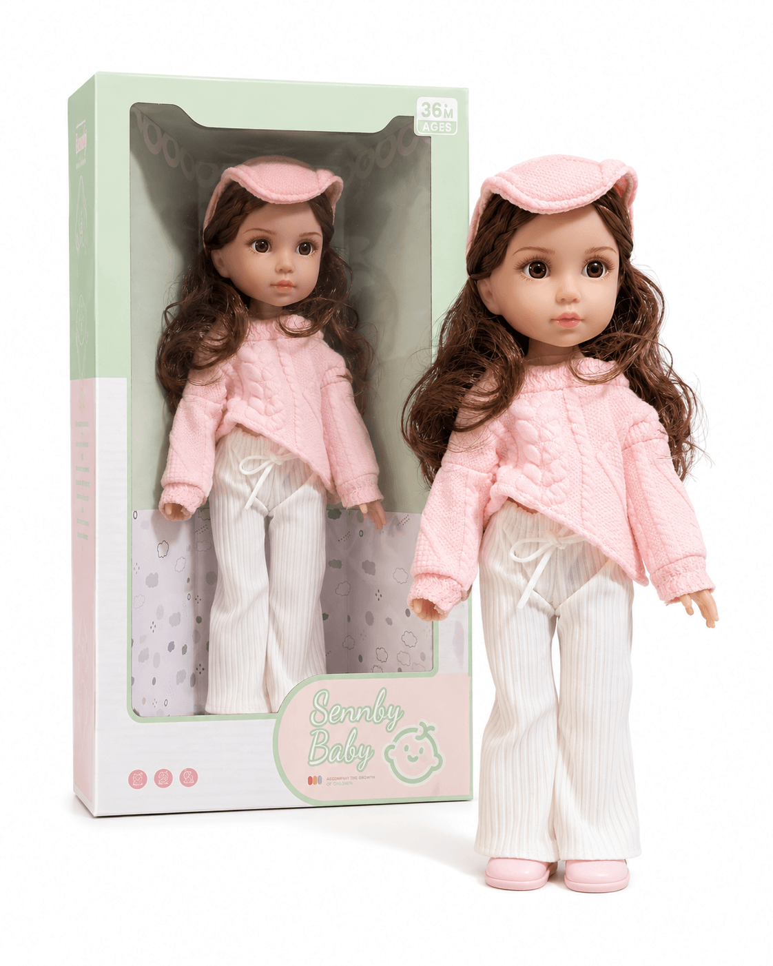 عروسة سيليكون بإطلالة شتوية وردية وشعر بني طويل | Silicone Doll with Long Brown Hair & Pink Winter Outfit