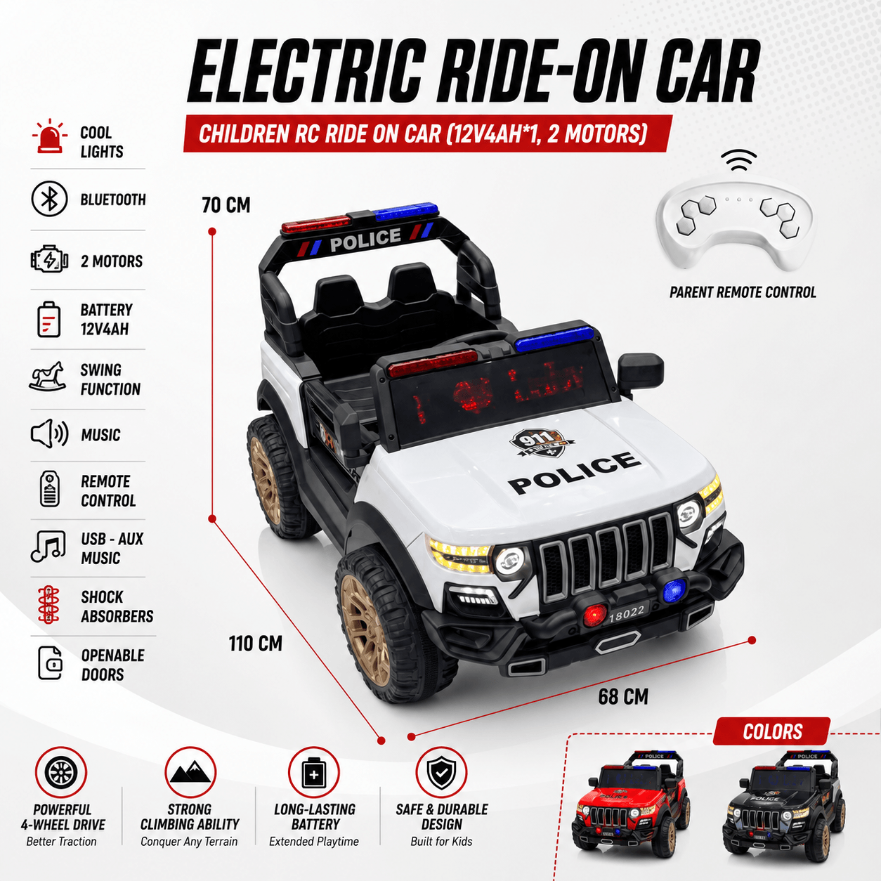 جيب الشرطة الكهربائية X-PATROL 4×4 للأطفال – بطارية 12V، ريموت تحكم، بلوتوث، وإضاءة LED