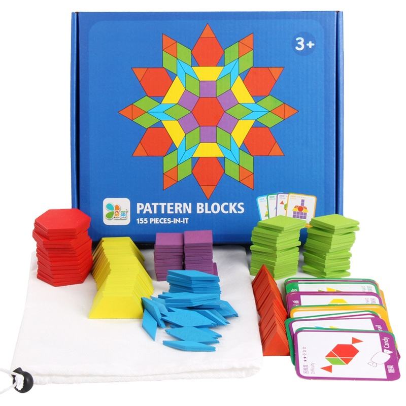 لعبة Pattern Blocks التعليمية – مجموعة تركيب الأشكال الهندسية 155 قطعة مع بطاقات تحدي