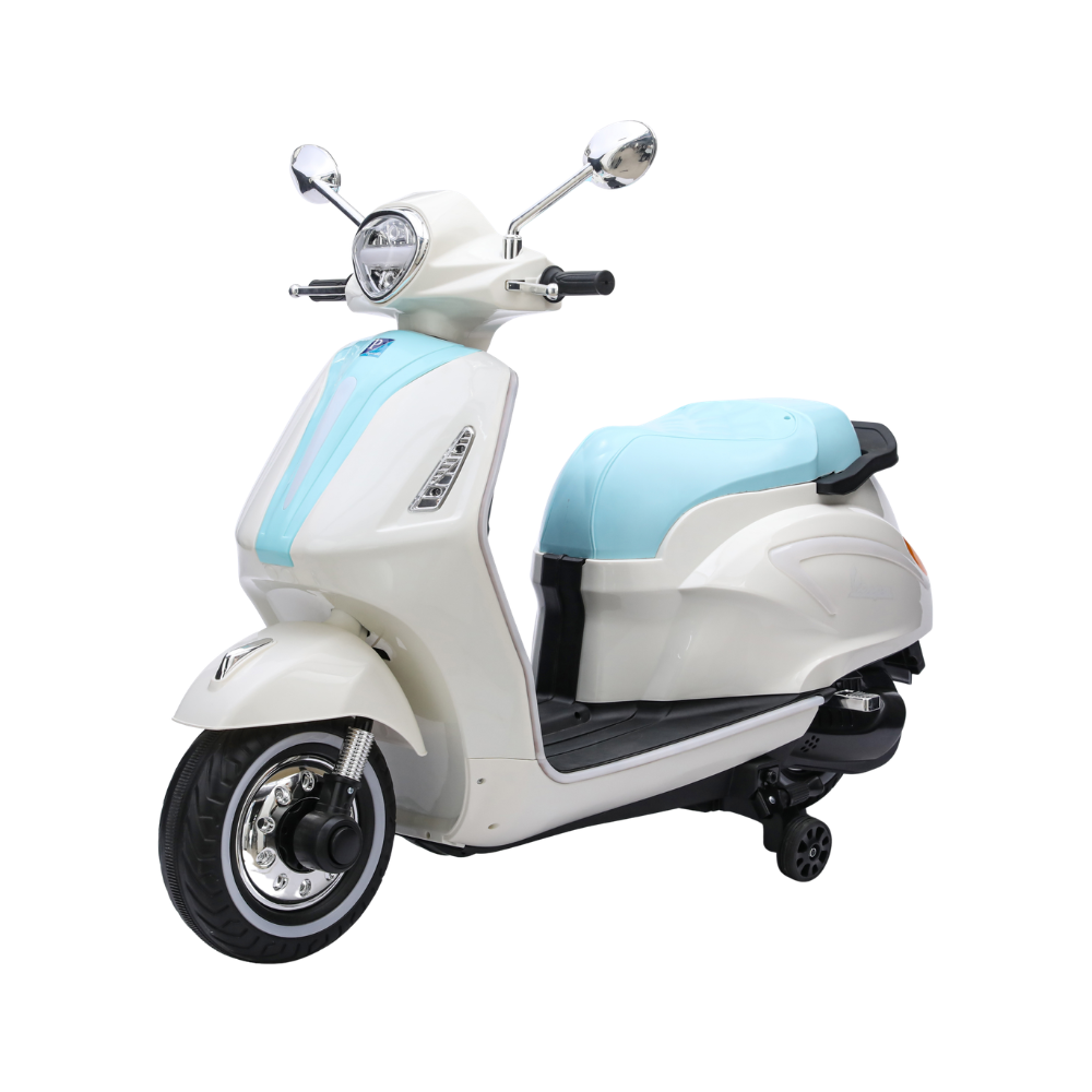 سكوتر كهربائي للأطفال بتصميم فيسبا مع عجلات مساعدة وإضاءة LED | Kids Electric Vespa Style Scooter with Training Wheels & LED Lights