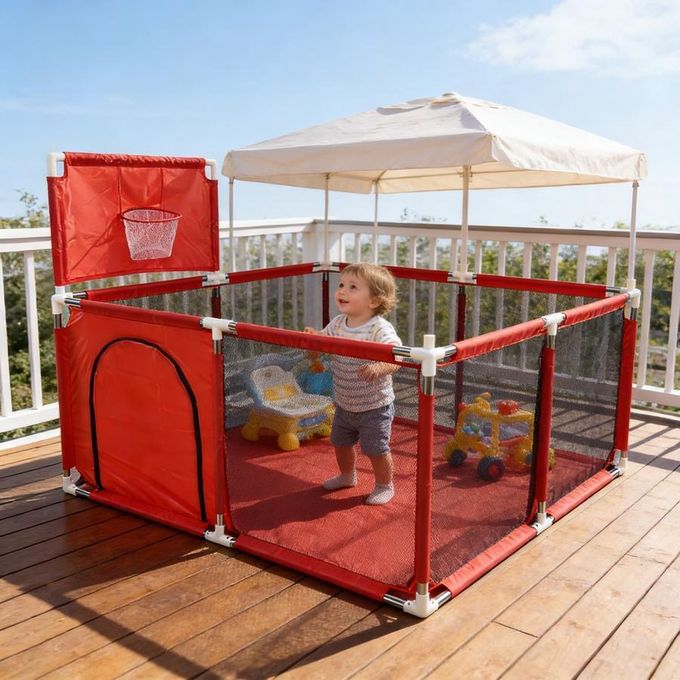 ساحة لعب أطفال مربع 125 × 125 سم – بيت كور مع مرمى كرة سلة، شبك حماية، وباب بسحاب