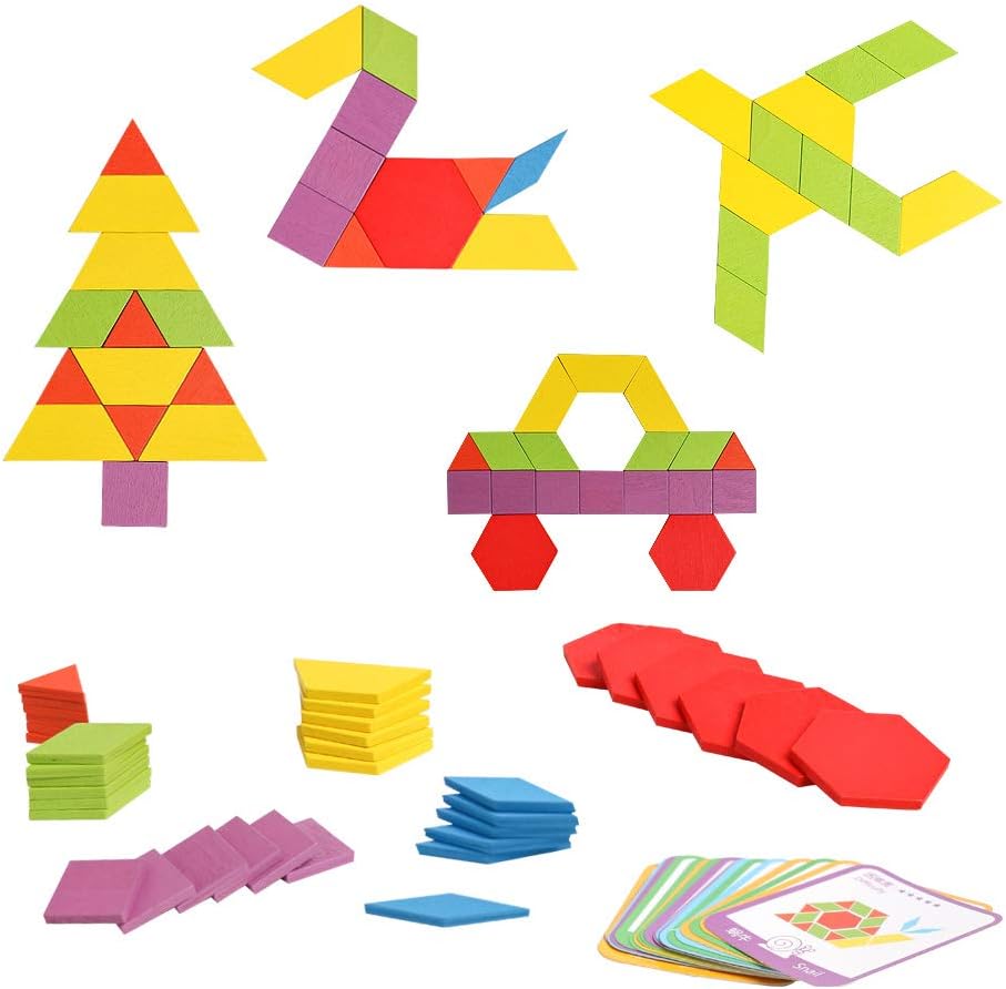لعبة Pattern Blocks التعليمية – مجموعة تركيب الأشكال الهندسية 155 قطعة مع بطاقات تحدي