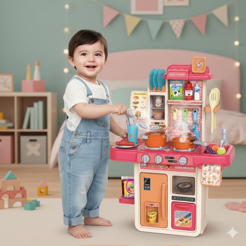 مطبخ الأطفال التفاعلي بالبخار والإضاءة مع 42 قطعة | Kids Interactive Kitchen Playset with Steam
