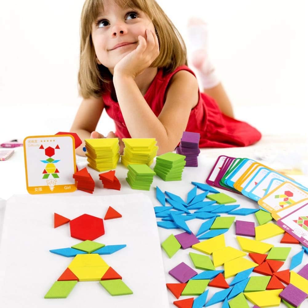 لعبة Pattern Blocks التعليمية – مجموعة تركيب الأشكال الهندسية 155 قطعة مع بطاقات تحدي