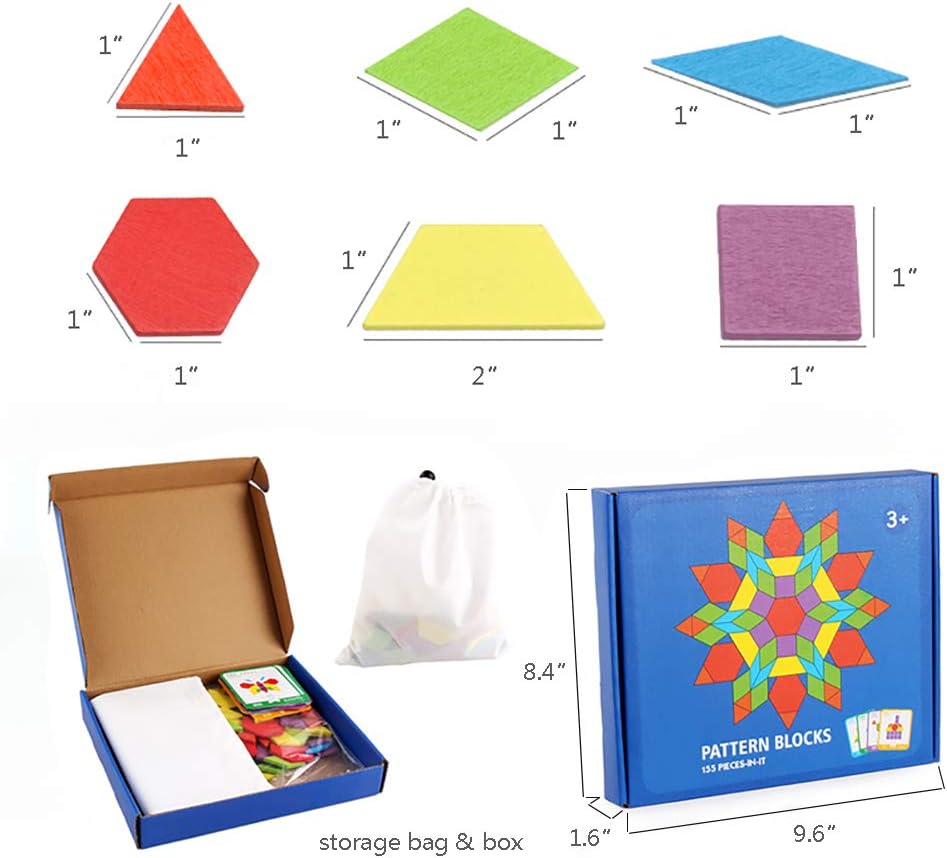 لعبة Pattern Blocks التعليمية – مجموعة تركيب الأشكال الهندسية 155 قطعة مع بطاقات تحدي