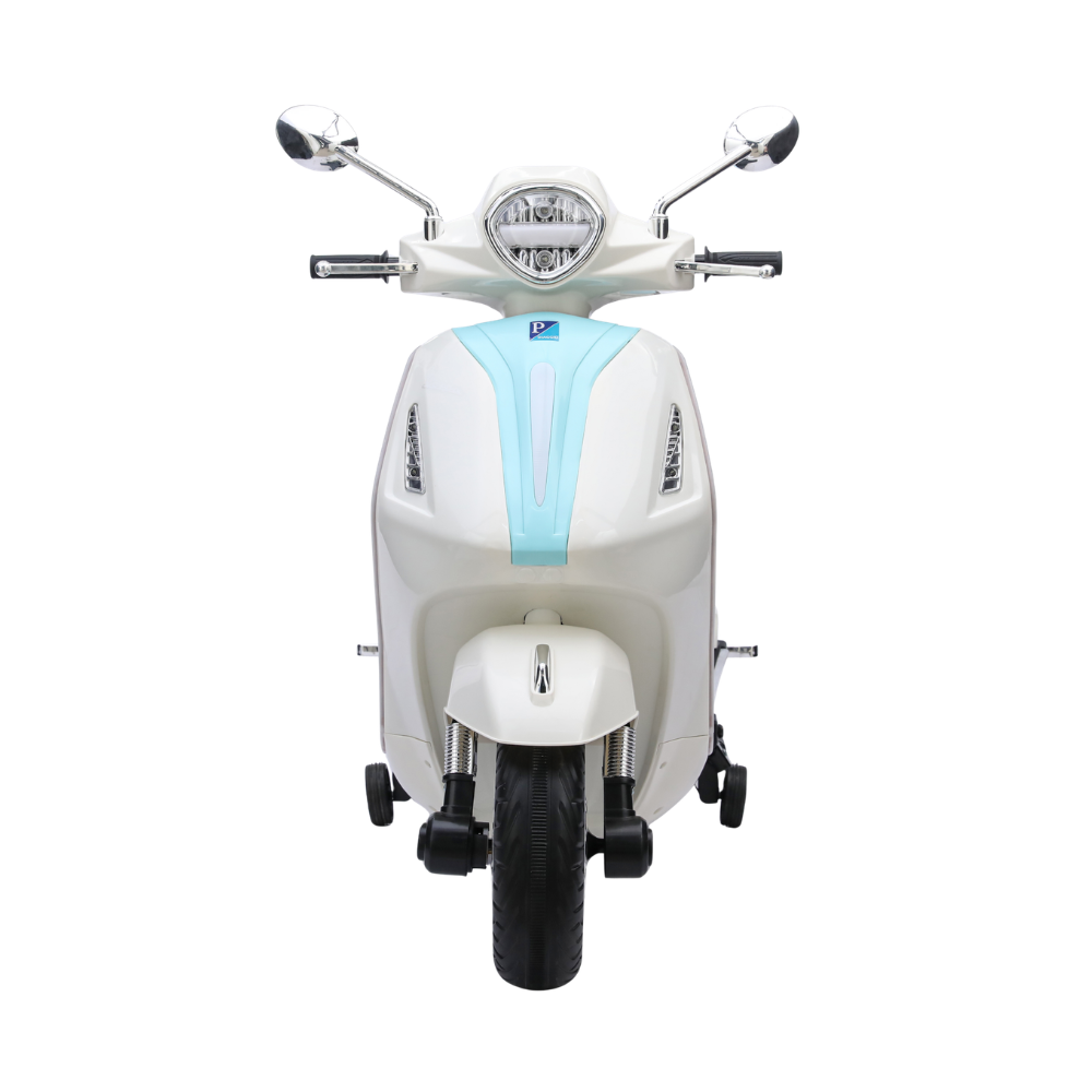 سكوتر كهربائي للأطفال بتصميم فيسبا مع عجلات مساعدة وإضاءة LED | Kids Electric Vespa Style Scooter with Training Wheels & LED Lights