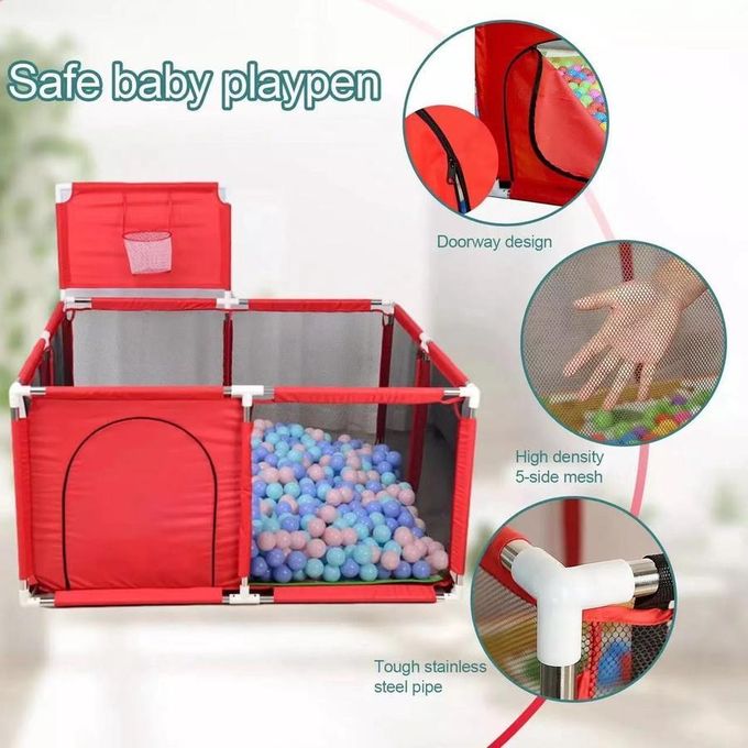 ساحة لعب أطفال مربع 125 × 125 سم – بيت كور مع مرمى كرة سلة، شبك حماية، وباب بسحاب