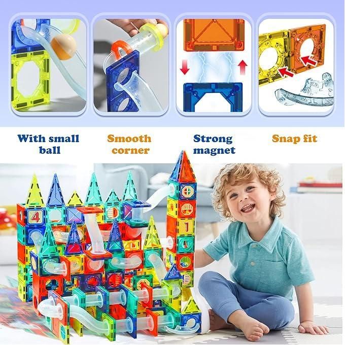 مكعبات البناء المغناطيسية مع مسار الكرات – 97 قطعة (Magnetic Marble Run Building Blocks)