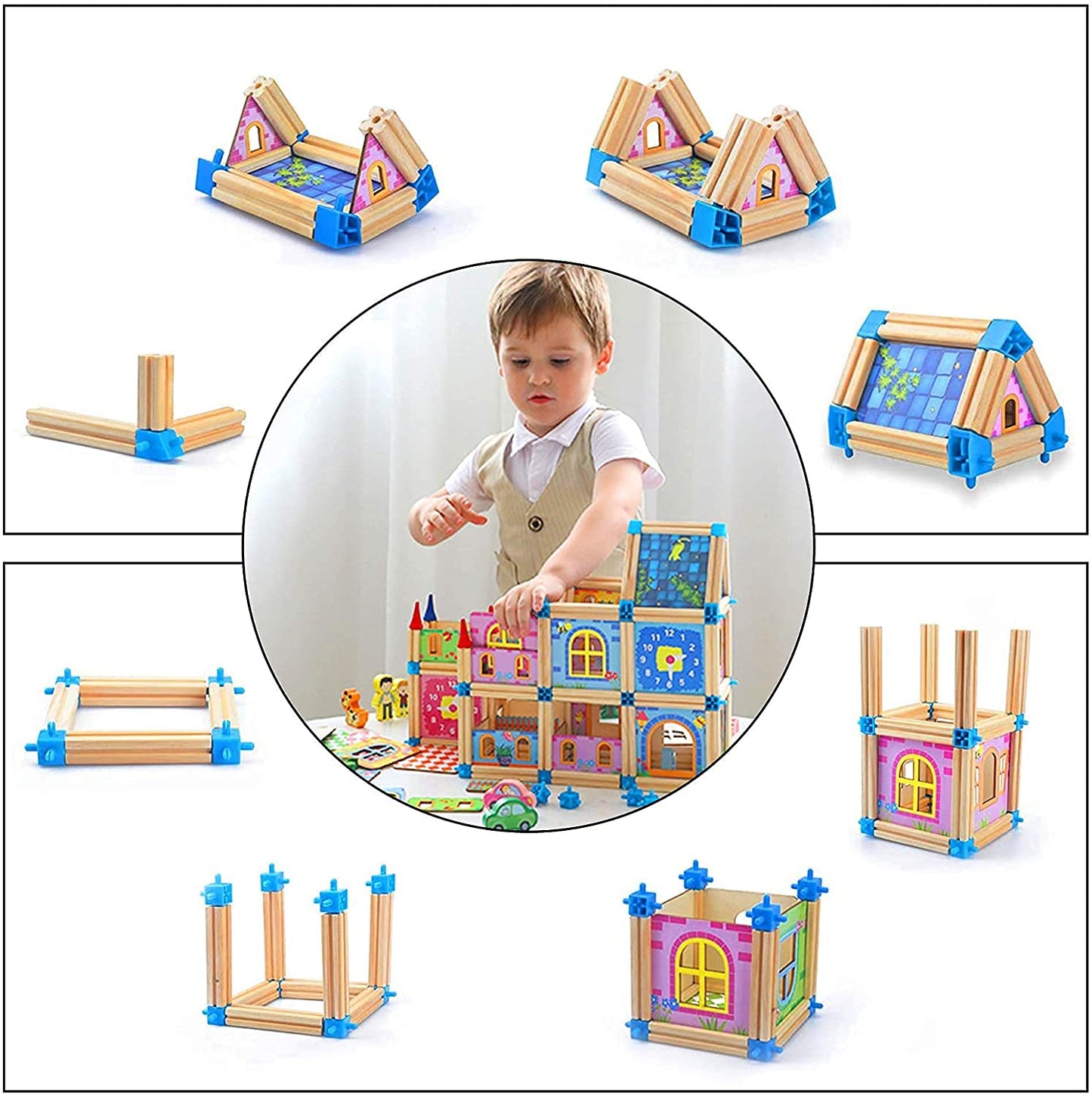 مجموعة بناء المدينة الخشبية التعليمية للأطفال | Wooden Magnetic Construction Village Set