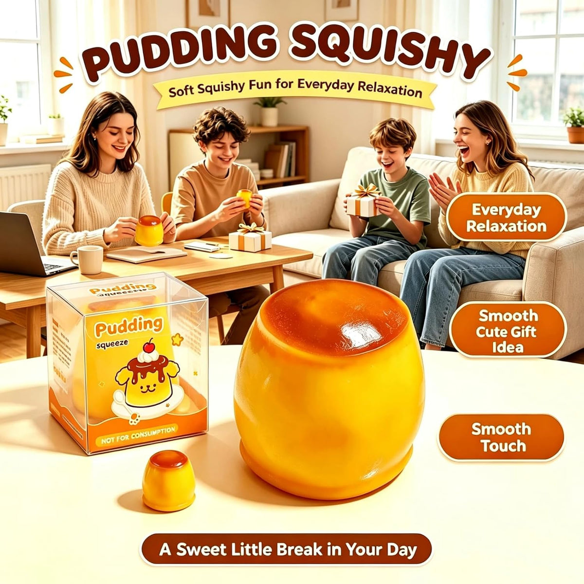 سكوشي بودينج الكراميل المقرمش | Crunchy Caramel Pudding Squishy – Stress Relief Toy