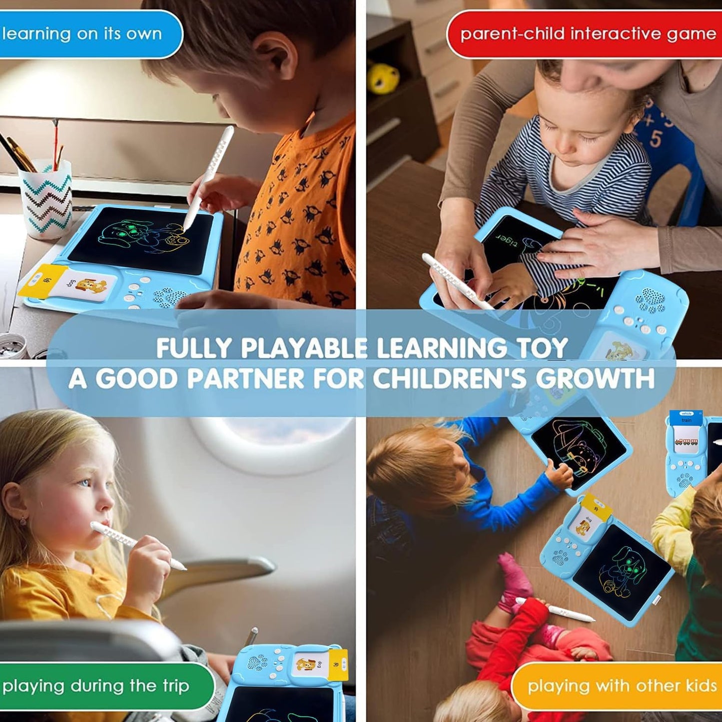 جهاز التعلم الذكي للأطفال 5 في 1 مع شاشة رسم LCD وبطاقات تعليمية ومكعبات بناء | 5-in-1 Smart Learning Tablet for Kids