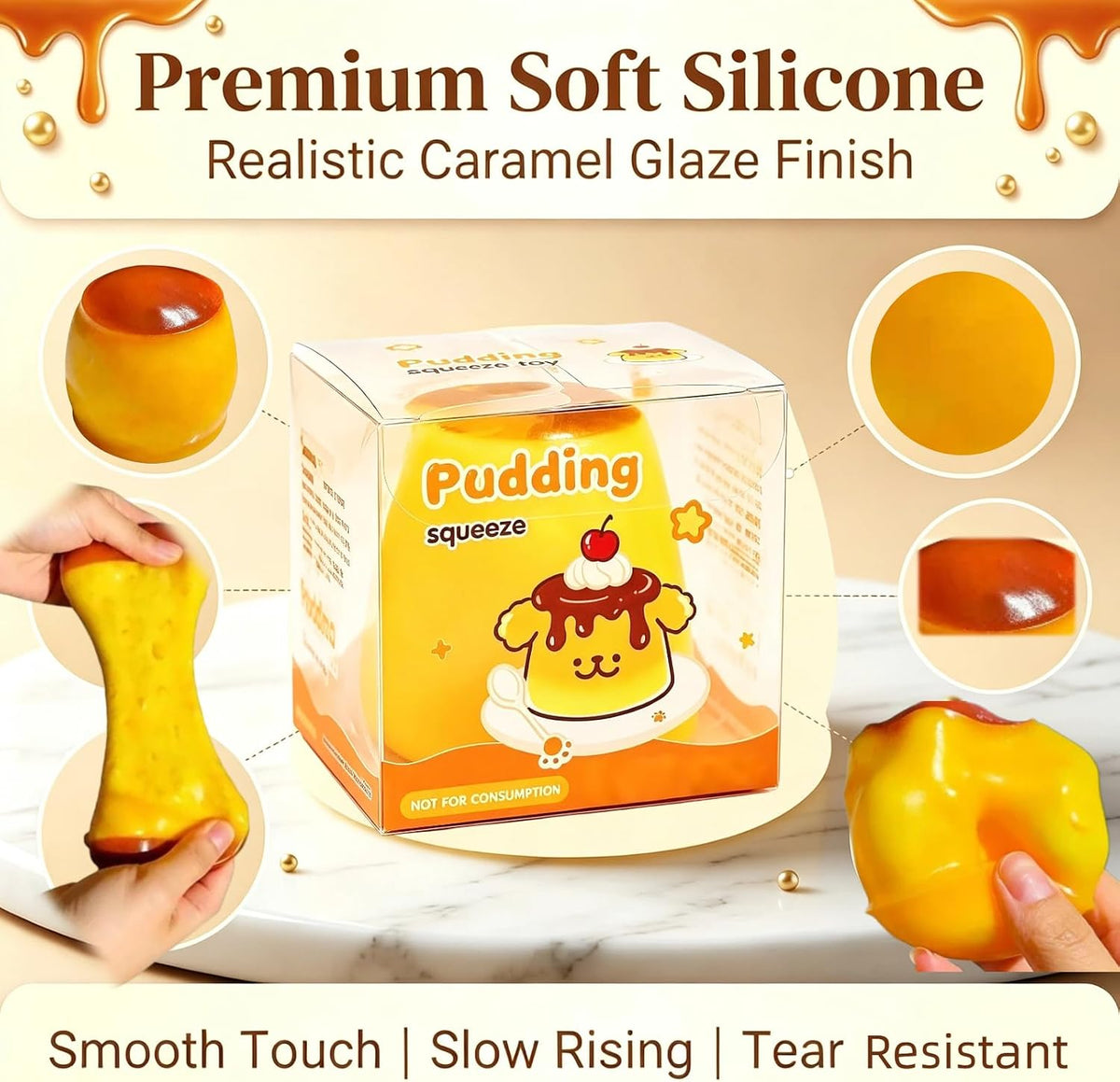سكوشي بودينج الكراميل المقرمش | Crunchy Caramel Pudding Squishy – Stress Relief Toy