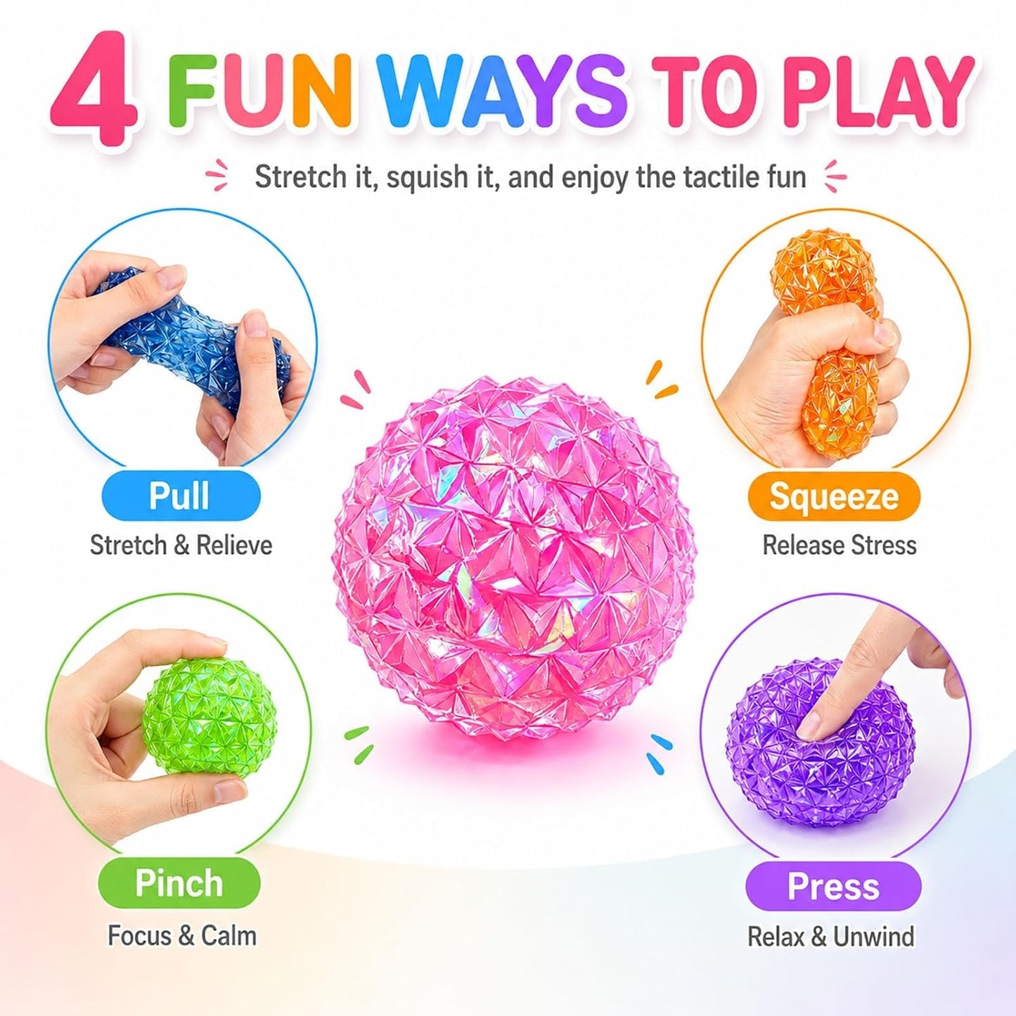 سكوشي الكرة الكريستالية الماسية للأطفال لتخفيف التوتر – لعبة ضغط حسية ناعمة | Crystal Diamond Ball Squishy Stress Relief Toy for Kids – Soft Sensory Fidget Squeeze Toy