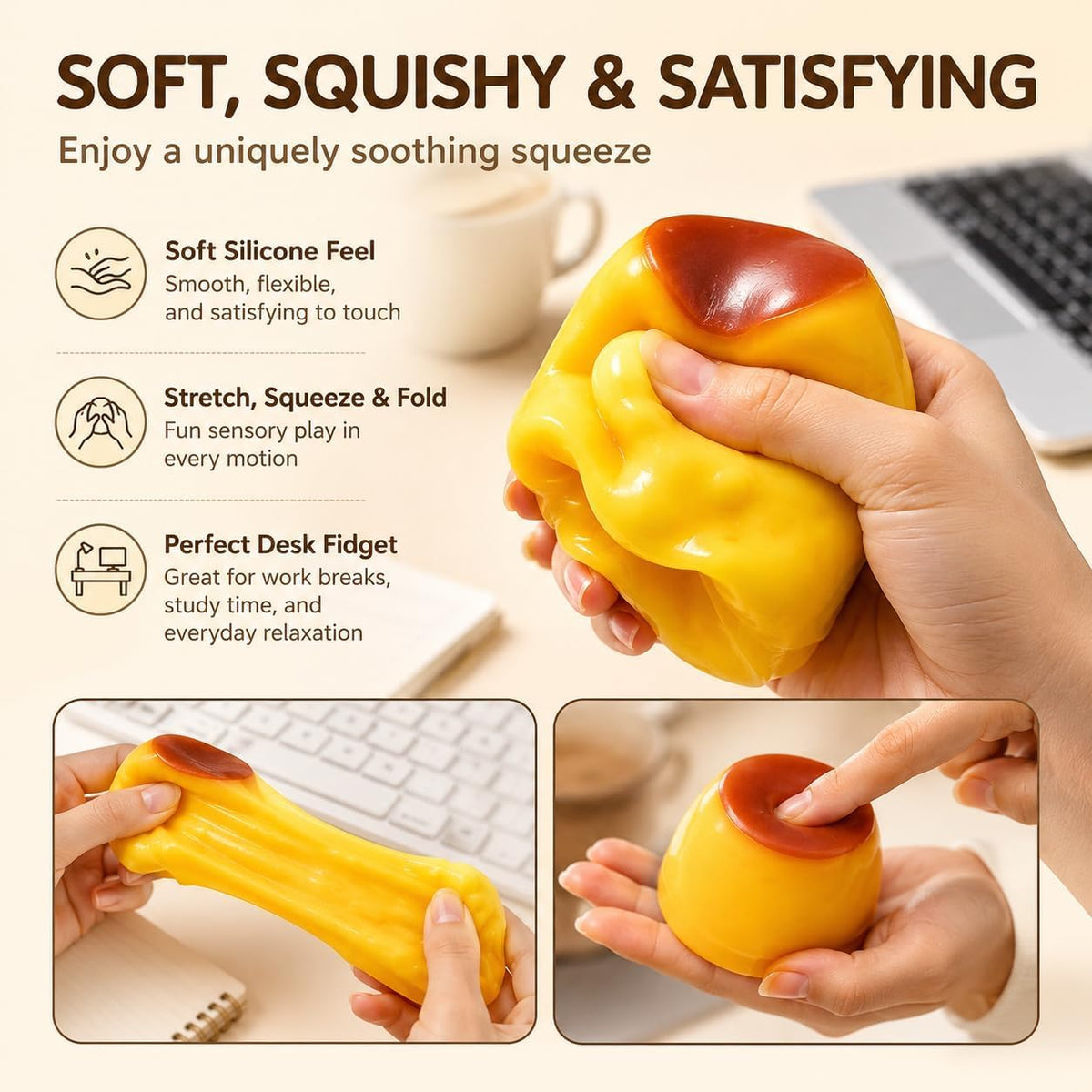 سكوشي بودينج الكراميل المقرمش | Crunchy Caramel Pudding Squishy – Stress Relief Toy