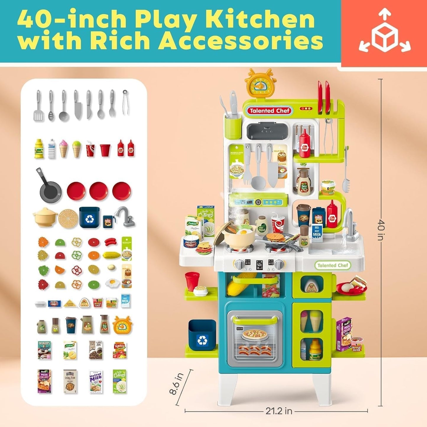 مطبخ الأطفال التفاعلي الفاخر 104 قطعة مع مياه حقيقية وإضاءة وأصوات | Deluxe Kids Kitchen Playset 104 PCS