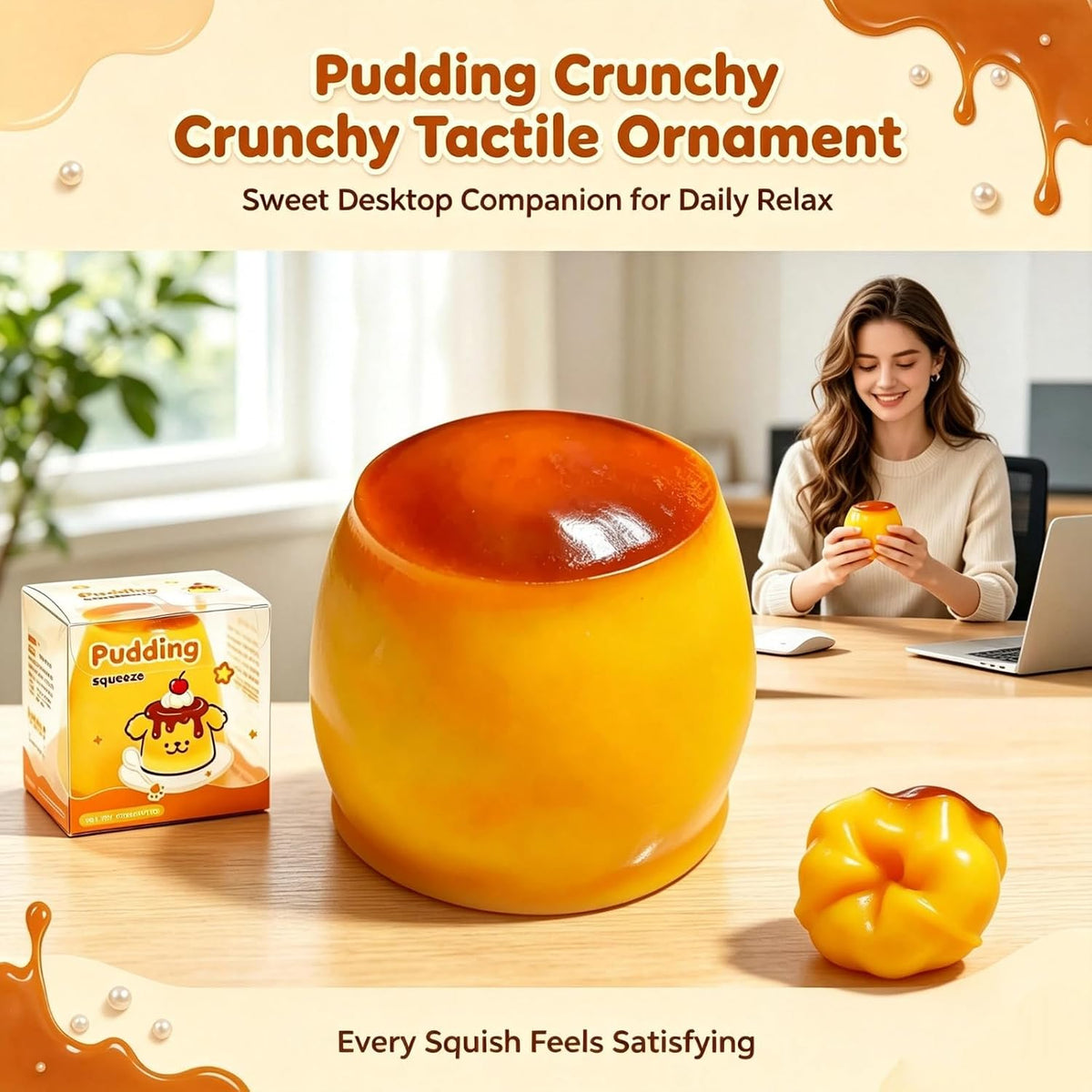سكوشي بودينج الكراميل المقرمش | Crunchy Caramel Pudding Squishy – Stress Relief Toy