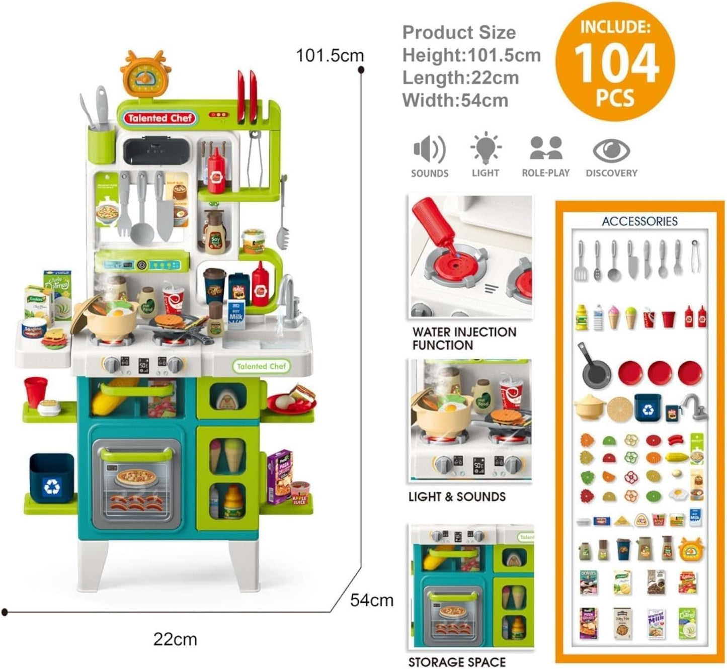 مطبخ الأطفال التفاعلي الفاخر 104 قطعة مع مياه حقيقية وإضاءة وأصوات | Deluxe Kids Kitchen Playset 104 PCS