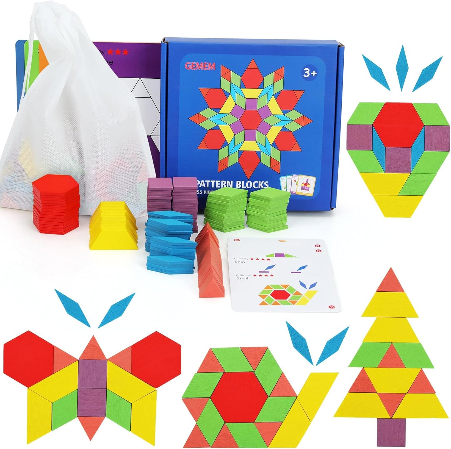 لعبة Pattern Blocks التعليمية – مجموعة تركيب الأشكال الهندسية 155 قطعة مع بطاقات تحدي