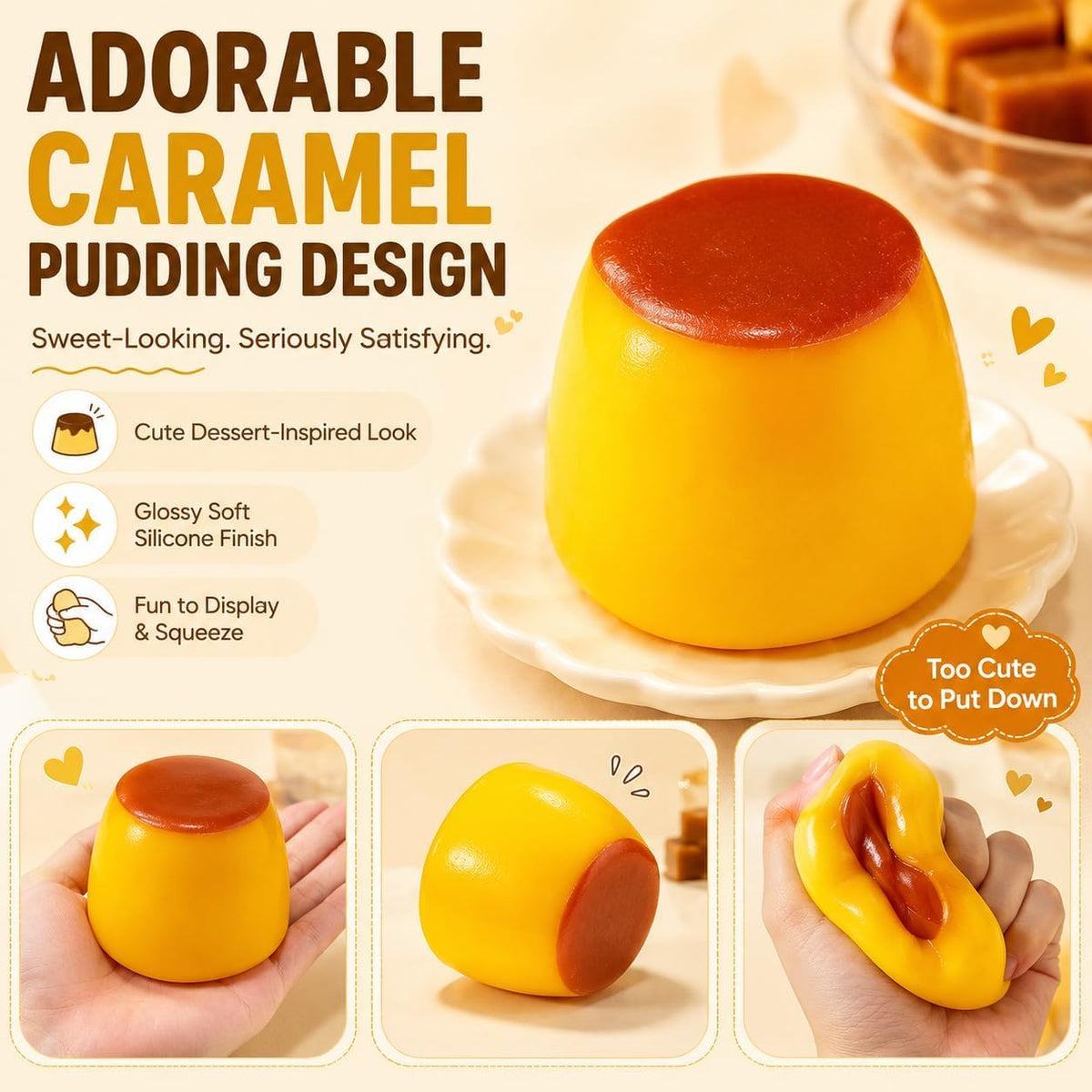 سكوشي بودينج الكراميل المقرمش | Crunchy Caramel Pudding Squishy – Stress Relief Toy