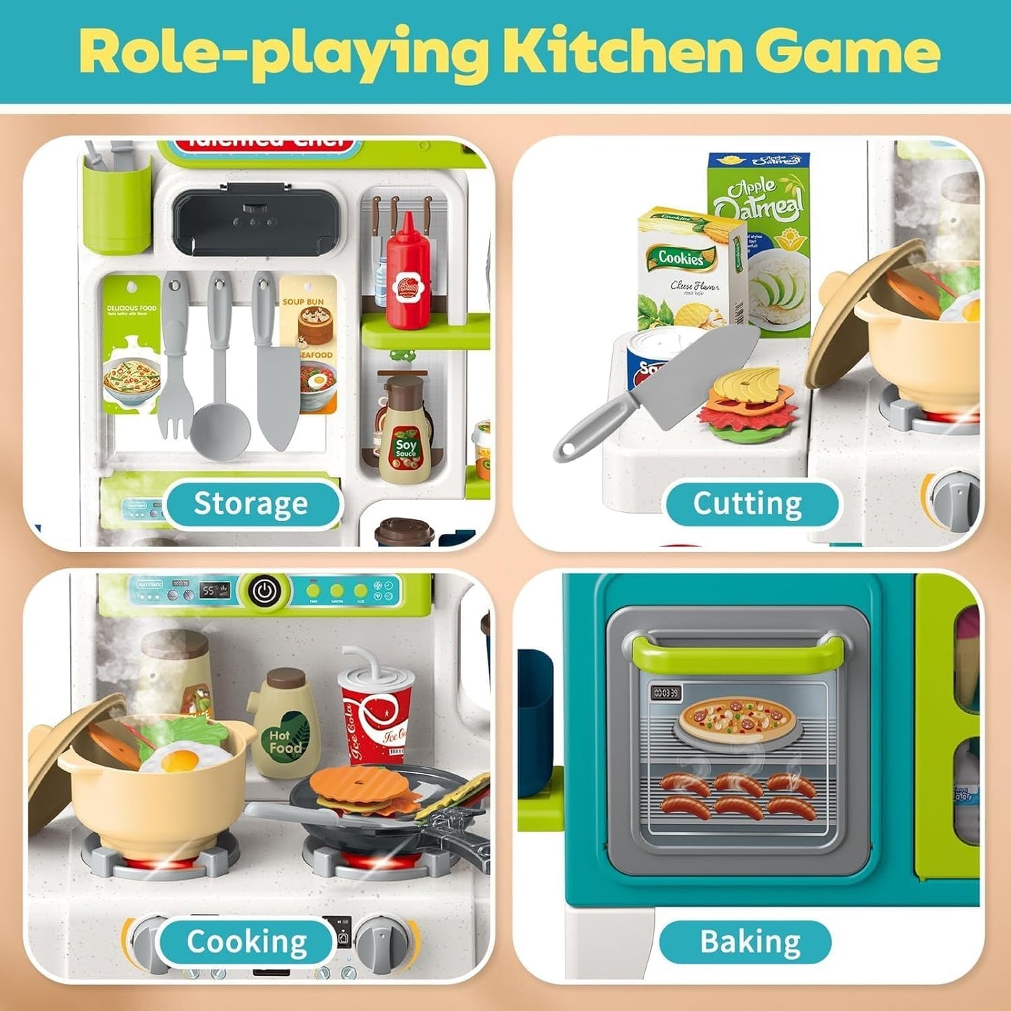 مطبخ الأطفال التفاعلي الفاخر 104 قطعة مع مياه حقيقية وإضاءة وأصوات | Deluxe Kids Kitchen Playset 104 PCS
