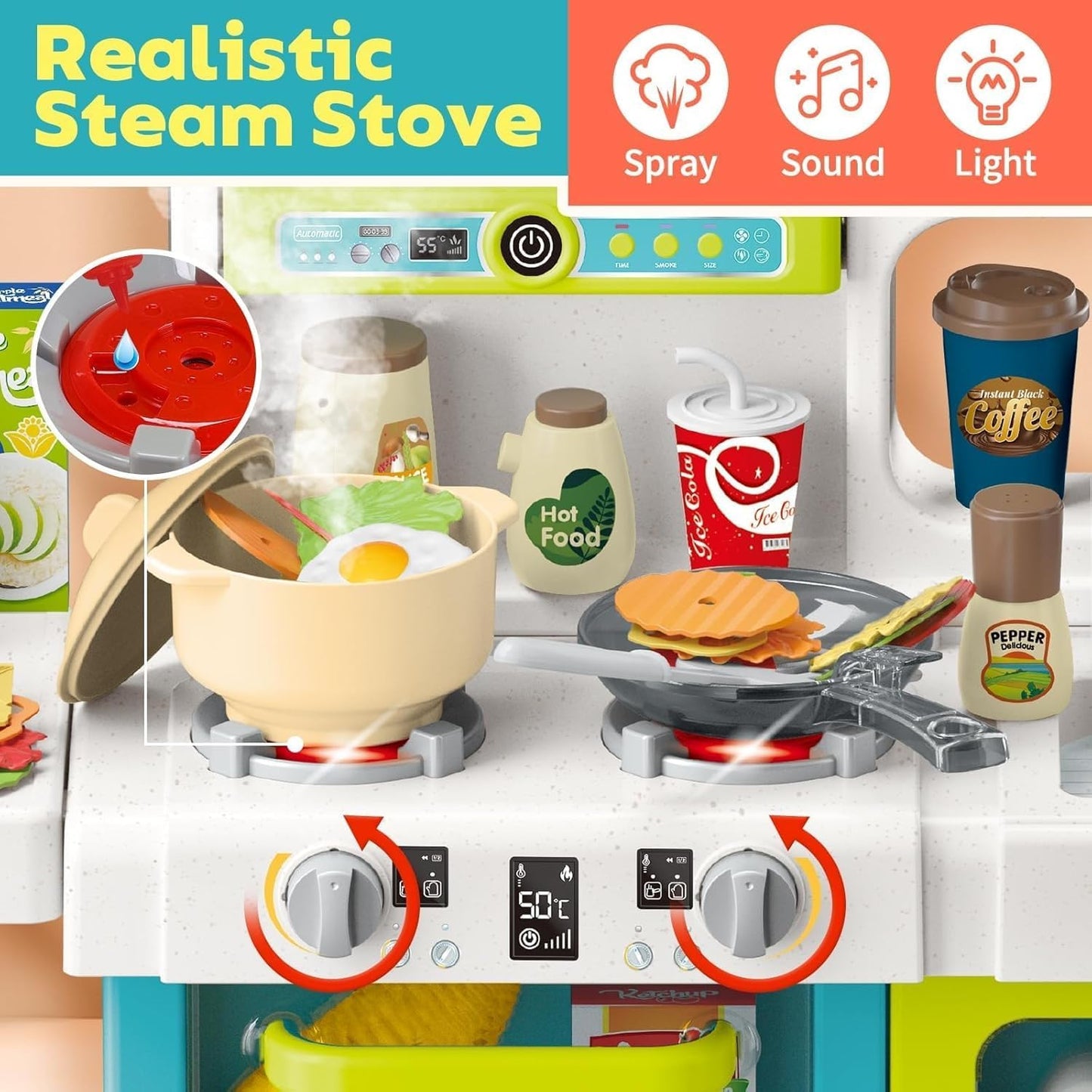 مطبخ الأطفال التفاعلي الفاخر 104 قطعة مع مياه حقيقية وإضاءة وأصوات | Deluxe Kids Kitchen Playset 104 PCS