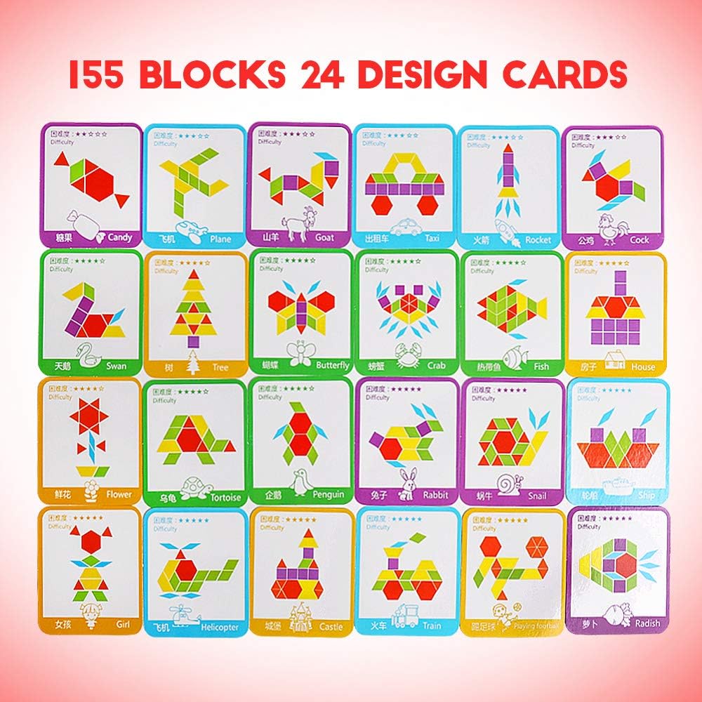 لعبة Pattern Blocks التعليمية – مجموعة تركيب الأشكال الهندسية 155 قطعة مع بطاقات تحدي