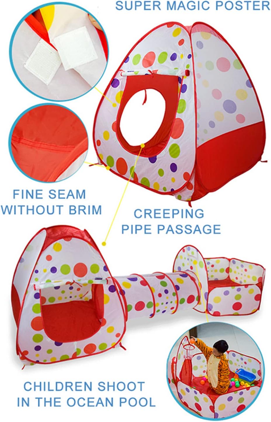 خيمة ألعاب الأطفال 3 في 1 مع نفق وحوض كرات | 3-in-1 Kids Play Tent with Tunnel & Ball Pit