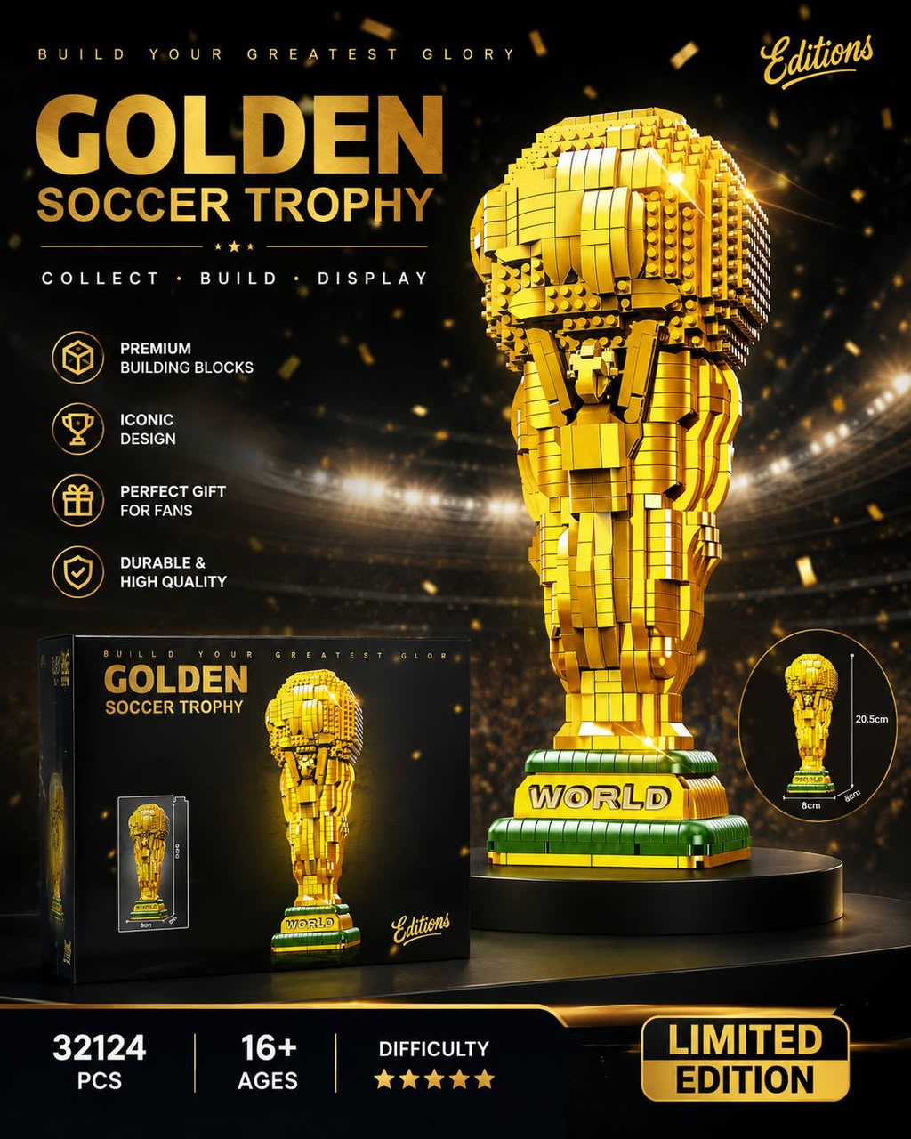 مجسم كأس البطولة الذهبي من مكعبات البناء للعرض والديكور | Golden Trophy Building Block Display Model