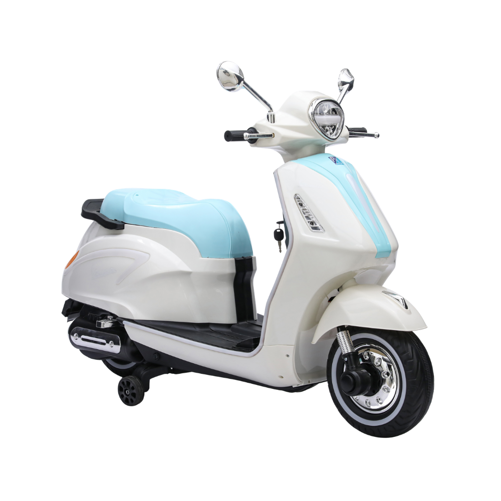 سكوتر كهربائي للأطفال بتصميم فيسبا مع عجلات مساعدة وإضاءة LED | Kids Electric Vespa Style Scooter with Training Wheels & LED Lights