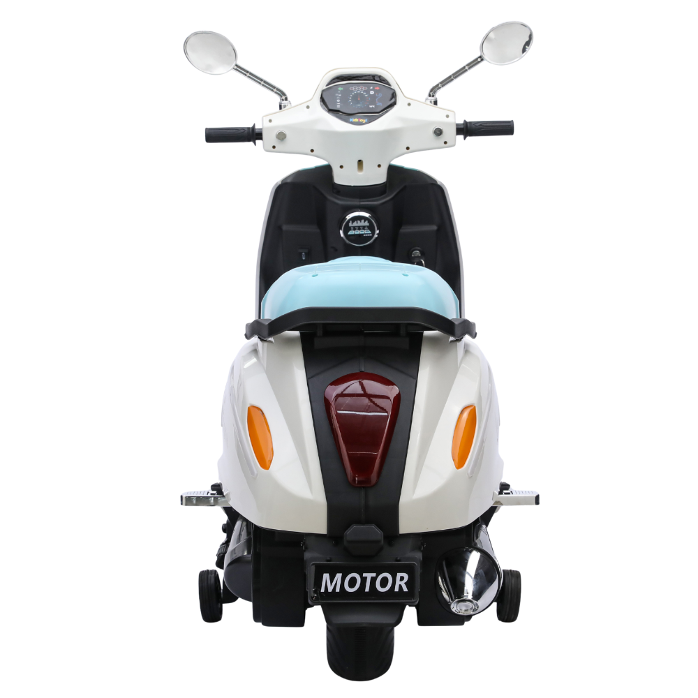 سكوتر كهربائي للأطفال بتصميم فيسبا مع عجلات مساعدة وإضاءة LED | Kids Electric Vespa Style Scooter with Training Wheels & LED Lights