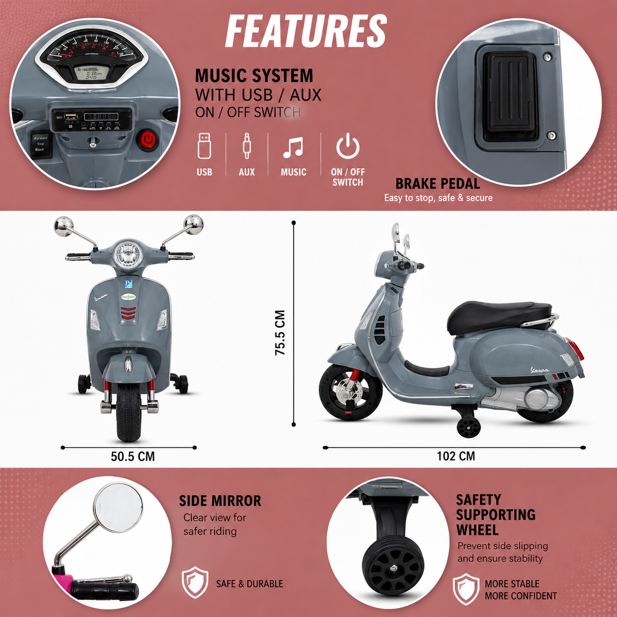 سكوتر كهربائي للأطفال بتصميم فيسبا كلاسيكي مع عجلات مساعدة وإضاءة LED | Kids Electric Vespa Style Scooter with Training Wheels & LED Lights