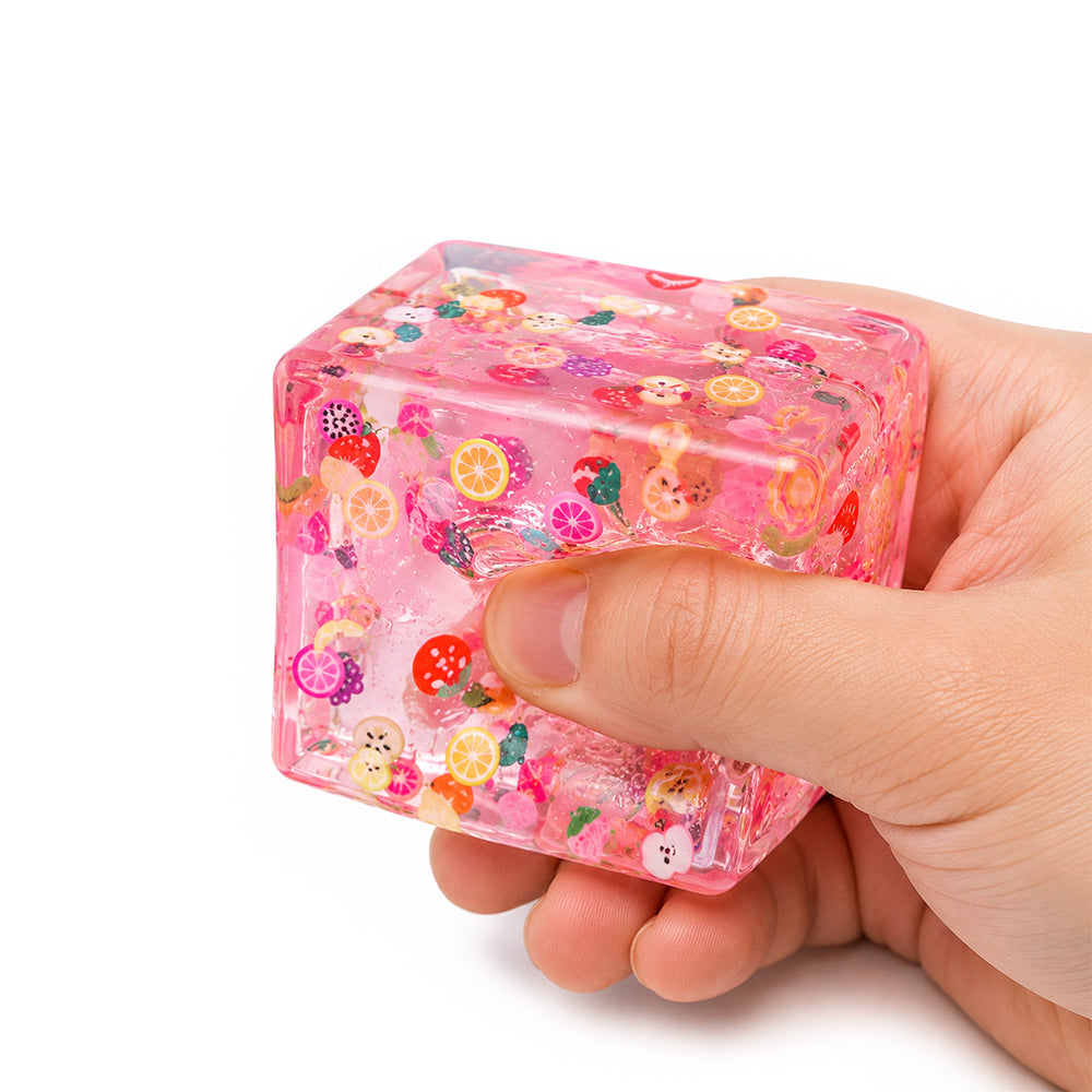 مكعب سكويشي جل شفاف بالفواكه – لعبة ضغط مضادة للتوتر (Fruit Gel Squishy Cube)