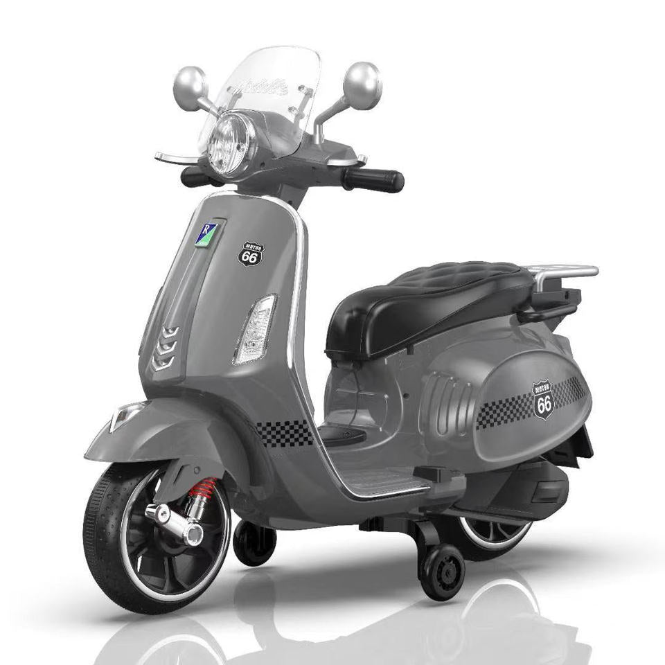 سكوتر كهربائي للأطفال بتصميم فيسبا كلاسيكي مع عجلات مساعدة وإضاءة LED | Kids Electric Vespa Style Scooter with Training Wheels & LED Lights