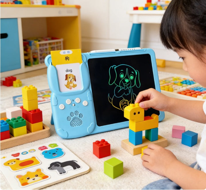 جهاز التعلم الذكي للأطفال 5 في 1 مع شاشة رسم LCD وبطاقات تعليمية ومكعبات بناء | 5-in-1 Smart Learning Tablet for Kids